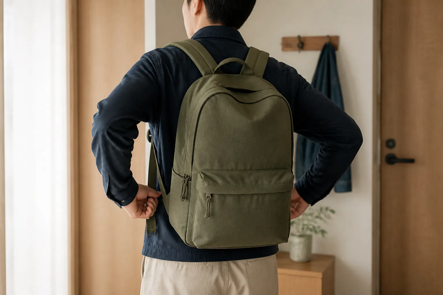 올리브색 백팩을 멘 사람이 양쪽 어깨끈 길이를 조절하는 모습